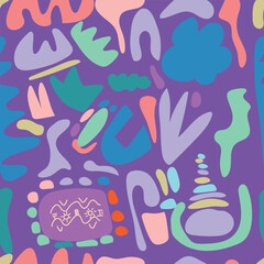 Various hand-drawn shapes and Doodle objects. Colorful abstract modern trendy vector seamless pattern. Wallpaper. Ideal for textile prints