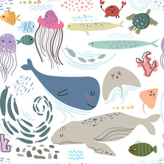 Obraz premium Sea life cute vector pattern. Vector illustration for kids design, wallpaper, wrapping, textile, package design.