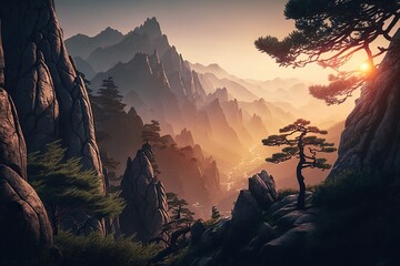 Early morning sunrise in the Huangshan, Generative Ai