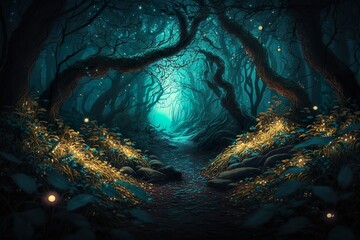 fantasy pathway dark with gloomy trees and glow con the floor, Generative Ai
