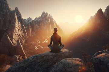 sunset in the mountains woman doing yoga, Generative Ai