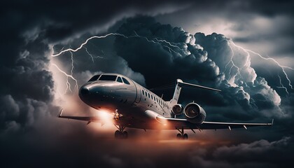 Airplane flying through storm clouds with lightning generate ai
