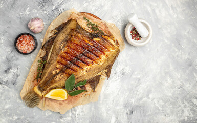 grilled flounder, Grilled fish seafood. banner, menu, recipe place for text, top view