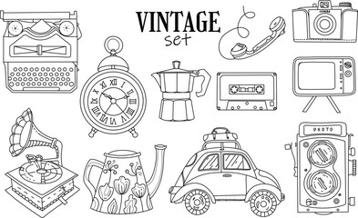 Coloring page. Hand drawn vintage objects collection. Retro style set. Movie camera, typewriter, gramophone, camera, hours, coffee percolator, telephone, tv. Vintage illustration in linear style