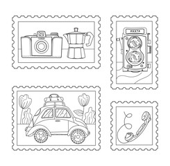 Coloring page. Hand drawn vintage objects collection. Retro style set. Movie camera, typewriter, gramophone, camera, , hours, coffee percolator, telephone, tv. Vintage post stamps