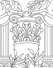 Ancient Greece Coloring page. Hand illustrations, plaster antique statues, Corinthian column, pillar. Drawings for poster. Beautiful drawing with patterns and small details. Coloring book picture