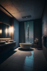 Fototapeta na wymiar Modern bathroom, with bathtub in the center, walls finished in cement, excellent finish. Dark style. Illumination with lamps. large glass window, overlooking the Burj Khalifa