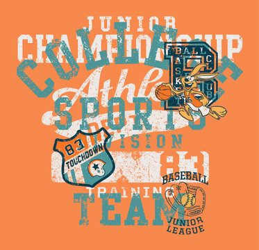 Cute sports division with bunny mascot  vector print for children wear