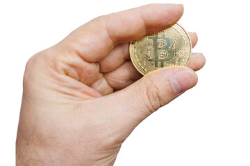 human hand on a transparent background in which there is a Bitcoin coin