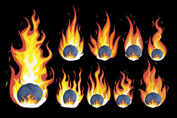 Set of meteors vector illustration, collection of asteroids in outer space