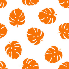 Seamless pattern with orange monstera leaves