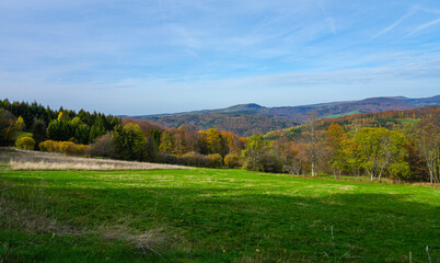 View of nature and the Rhön near Riedenberg. Autumn forest in the low mountain range.
