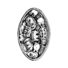 Cooked octopus in opened tin can illustration. Tinned seafood vector drawing. Hand drawn canned squid sketch isolated on vintage background. Shellfish or menu, recipes, logos, flyer, invitation.