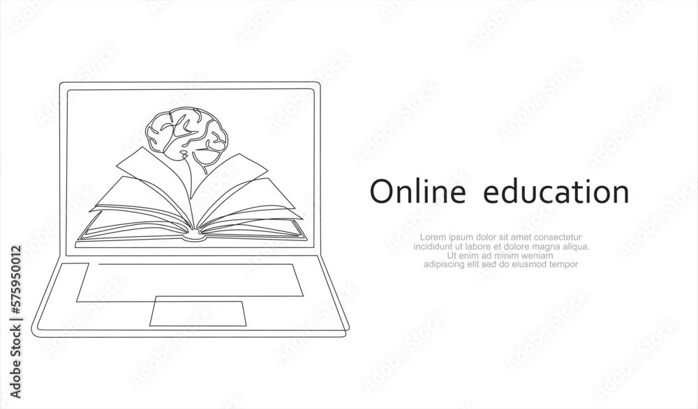 Poster continuous line drawing or one line drawing of a book and brain on a computer. vector illustration o