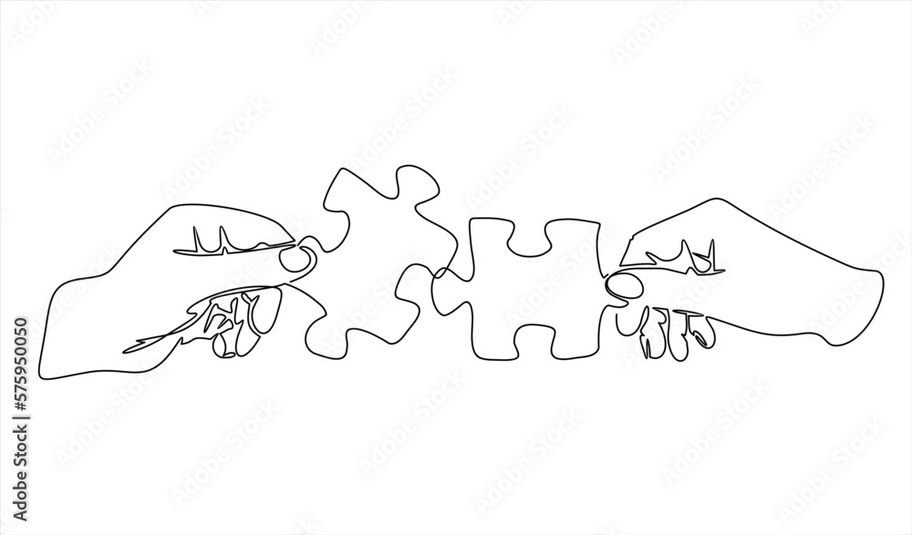 Poster continuous one line drawing of hands and puzzle. business matching - connecting puzzle elements. puz