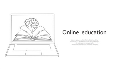 Continuous line drawing or one line drawing of a book and brain on a computer. Vector illustration of modern education and technology. Online education concept. Illustration with quote template. 