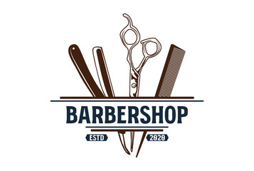 Vintage Razor Scissors and Comb for Gentleman Barbershop Hair Cut Logo