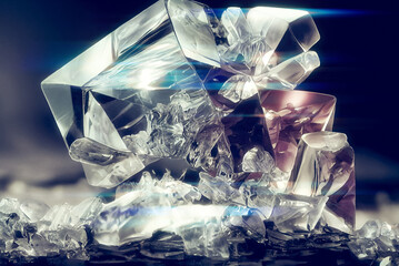 A close-up of a crystal cube on a pile of crystals with light shining through on a black background.Generative AI.