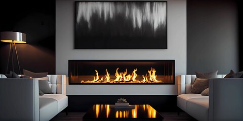Living room with fireplace. Generative AI.
