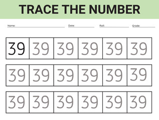 Number 39. card for kids learning to count and to write, worksheet for kids to practice writing skills, Vector illustration