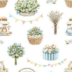 Watercolor seamless pattern with vintage Easter bouquet of flowers in wicker basket, cake, flags and gift box isolated on white background. Watercolor hand drawn illustration sketch