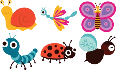 Fotobehang Cartoon colorful cute insect characters, vector illustration set. Violet butterfly, red snail, worm, blue caterpillar, red ladybug, brown bee, beetle with yellow wings. © Alla