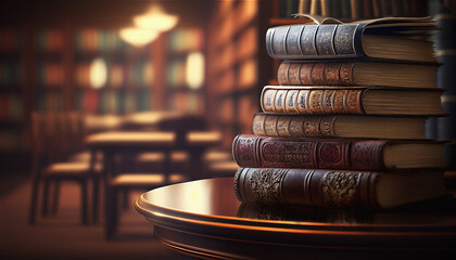 Banner or header image with stack of antique leather books in library. literature or reading concept. Partially Generative AI.