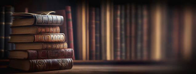 Fototapeta Banner or header image with stack of antique leather books in library. literature or reading concept. Partially Generative AI. obraz