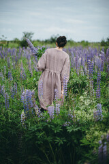 Stylish woman in rustic dress gathering lupine in meadow, atmospheric image. Cottagecore aesthetics. Young female in linen dress picking up flowers in summer countryside, rural slow life