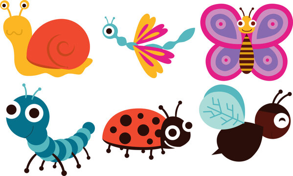 Cartoon colorful cute insect characters, vector illustration set. Violet butterfly, red snail, worm, blue caterpillar, red ladybug, brown bee, beetle with yellow wings.