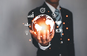 Businessman holding global internet connection technology business and digital marketing, finance and banking, big data digital link technology