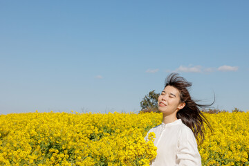 Fototapeta premium 菜の花畑と女性
