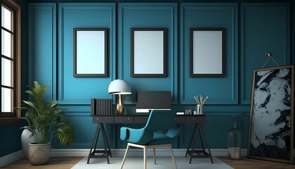 Home office with blue walls, wooden table and pictures on the wall. Office mordeno.  Generative AI.