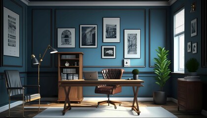 Home office with blue walls, wooden table and pictures on the wall. Office mordeno.  Generative AI.