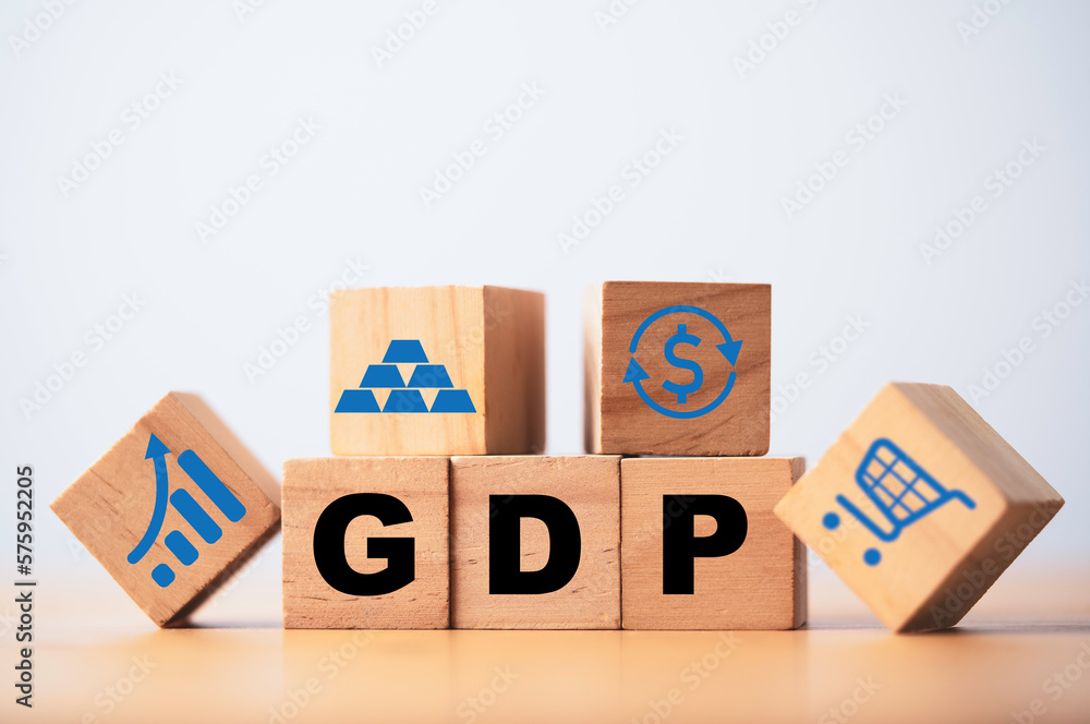 Poster gdp or gross domestic product wording print screen on wooden cube block with icons include graph dol