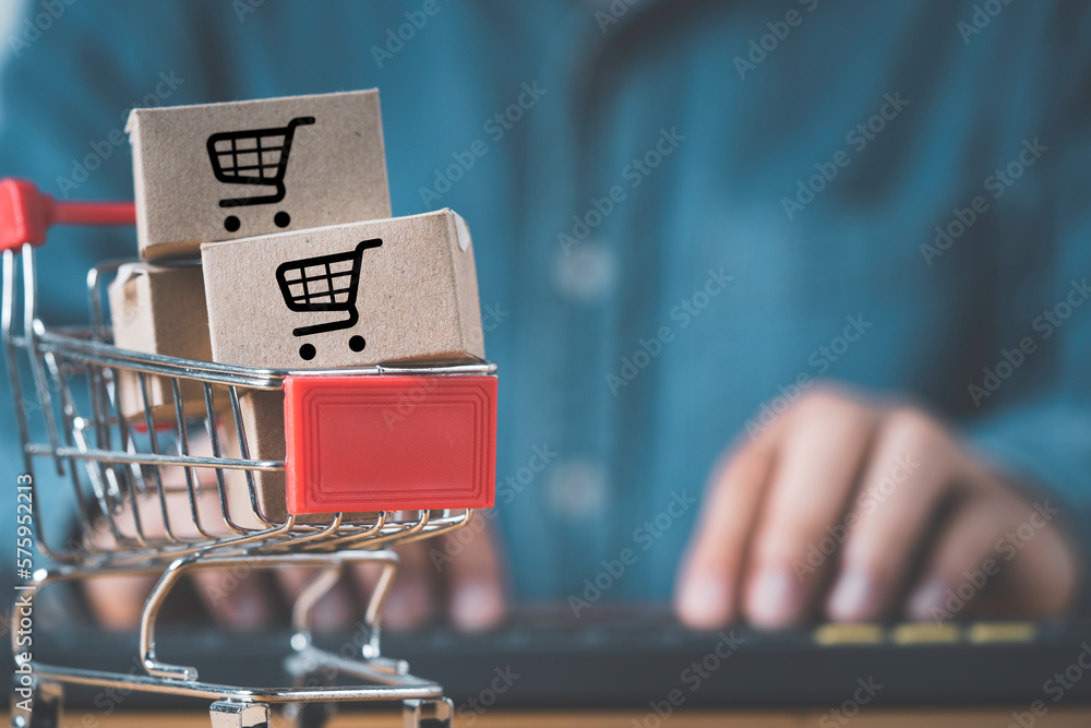 Poster small cartons boxes inside shopping trolley with shopper input order by use computer laptop for onli