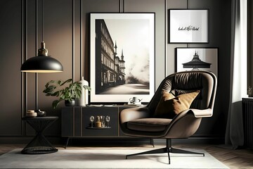 Stylish interior of living room with design armchair, wide and cross angle, carpet decor, pendant lamp, picture frames and elegant personal accessories in modern home decor. Generative AI.