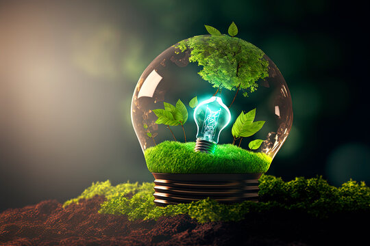 Sustainable development concept. Renewable energy, eco friendly environment, green technology business solution. Light bulb in grass.