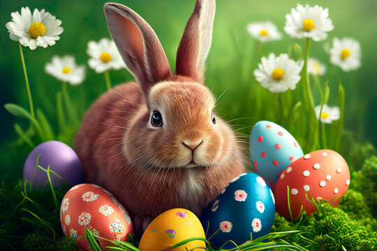 Cute easter bunny in grass and daisy flowers nest with colorful easter eggs.
