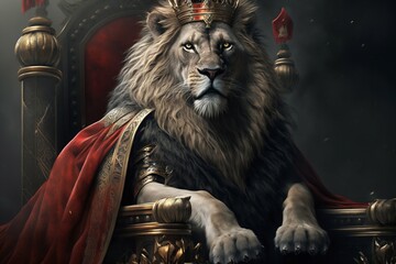 Royal lion king in sitting on a red throne. Generative AI