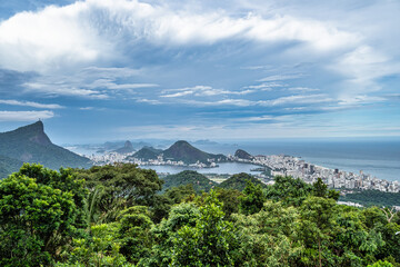 View from Vista Chinesa of Guanabara Bay, Christ Redeemer and Sugarloaf mountain in Rio de Janeiro,...