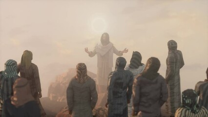 Jesus Christ preaches the Sermon on the Mount and the Twelve Apostles 3d render