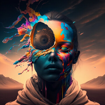 portrait of a girl in the desert face covered with colors and her one eye and head have a hole filled with sunflower. An AI-generated photo of  a beautiful girl in desert.
