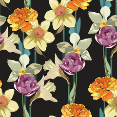 Seamless pattern with flowers narcissus, tulips, floral illustration in modern style.  Floral pattern for invitations, cards, print, gift wrap, manufacturing, textile, fabric. - 575953438