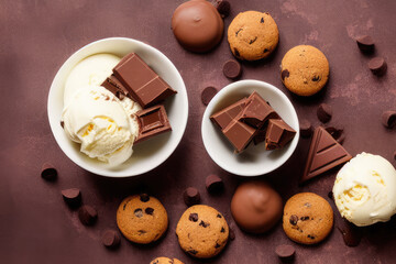 Obraz premium Chocolate and Vanilla Ice Cream Scoops with Mouth-Watering Dripping Chocolate and Choco Chips - Tempting Sweet Treat for Summer Parties and Celebrations