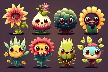 Set of funny and cute plants with different emotions. Generative ai