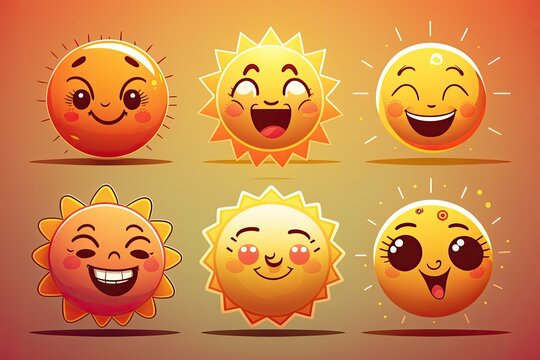 Set of sun with cute faces. Cartoon illustration. Generative ai