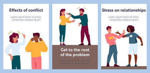 Couple Quarrel Cartoon Banners. Disagreement Between Partners Leads To An Argument, Frustration And Anger