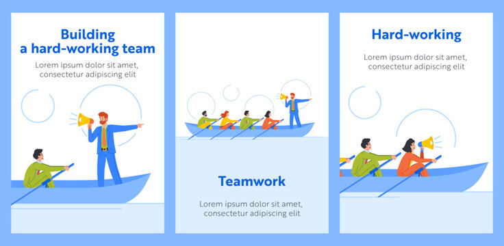 Cartoon Banners Related To Teamwork And Unity. People In Boat Rowing In Unison With Coordinated Efforts Towards A Goal