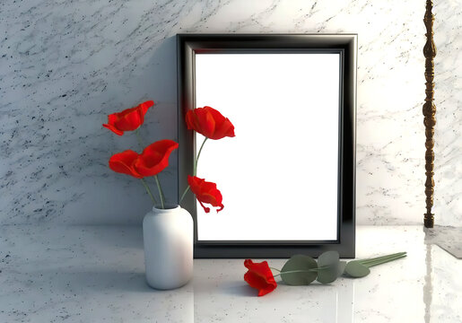 Mockup image: An empty picture frame on a marble desk with red roses, ai generated
